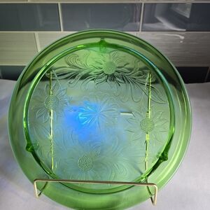 Jeanette Glass Sunflower Uranium Glass Cake Plate